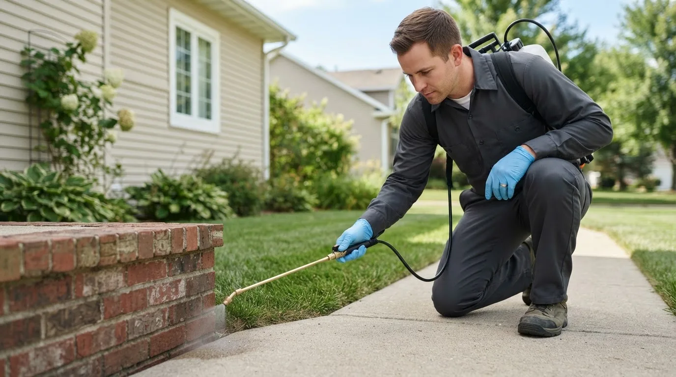 Pest control technician treating a home near Ozark, AR